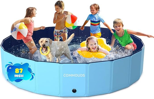 COMMOUDS 87Inch Large Foldable Dog Pool, Collapsible Hard Plastic Dog Kiddie Swimming Pool, Portable Pet Bath Tub Wading Pools for Kids and Puppy Small Medium Large Dogs