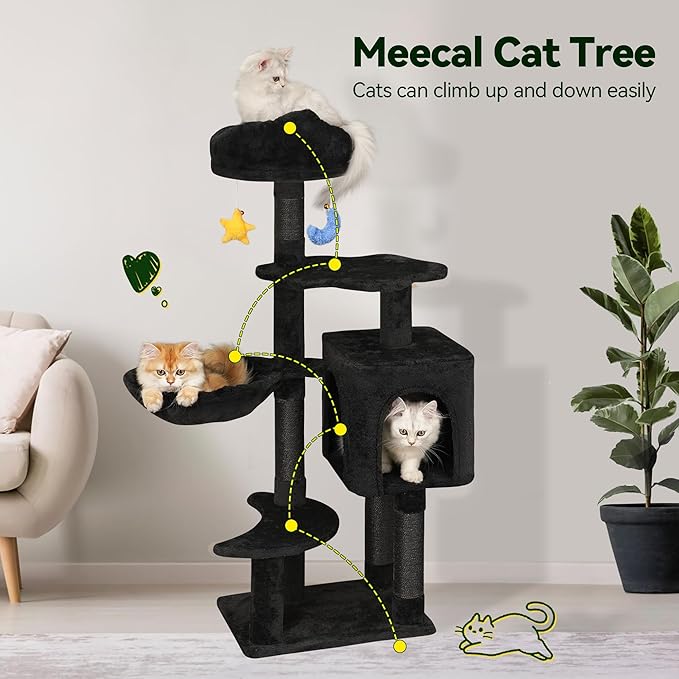 Gothic Black Cat Tree for Indoor Kittens & Small Cats Under 6 Months 9lbs, 43-Inch Cute Cat Tower with Scratching Post, Cat Condos, Cozy Hammock, Unique Perch & Dangling Toy