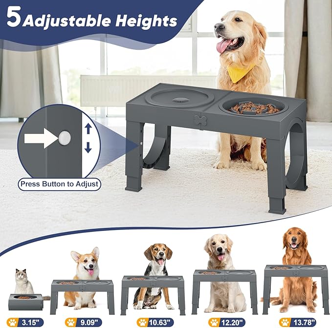 XIAZ Slow Feeder Dog Bowl Elevated Food and Water Bowl Stand for Large Medium Sized Dog, 4 Heights Adjustable, Non-Slip, Durable, Prevents Bloating & Improves Digestion for Dogs