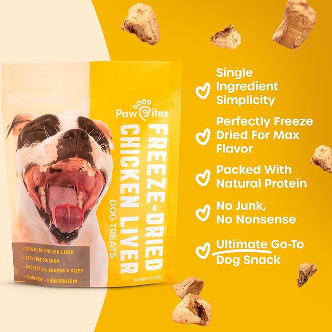 Freeze Dried Dog Treats - Cage-Free Chicken Liver - Dog Food Dry Snacks - with Protein & Omega 3s - for All Breeds & Sizes - No Artificial Flavors & Dyes, No Preservatives - 1 Pouch, 4 oz