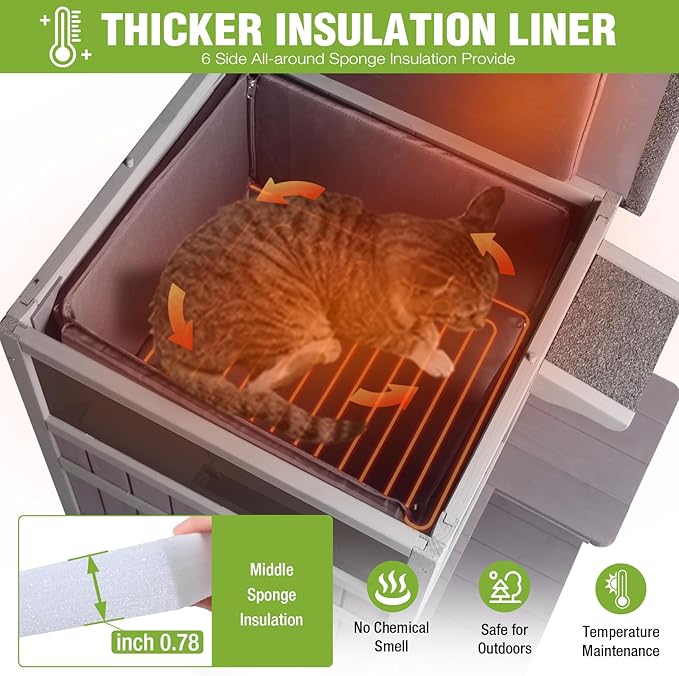 GUTINNEEN Extra Large Heated Cat House Outdoor 2-Story Insulated Cat House Weatherproof Feral Cat Shelter with Thermostat-Controlled Heating Pad, 6-Sided Thermal Liner for 1-4 Stray Barn Cats
