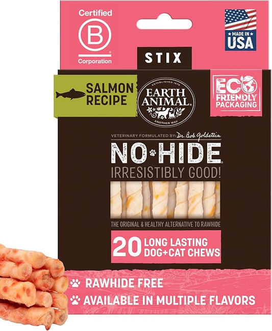 Earth Animal No Hide Stix - Long Lasting Rawhide Free Small Dog Chews Sticks, Salmon - 20 Count Value Pack