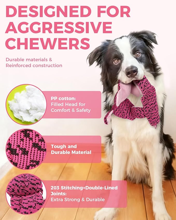 Squeaky Dog Toys for Large Dogs, Durable Plush Chew Toys for Aggressive Chewers, Interactive Tug of War Toy, Tough Teething Gift to Keep Them Busy and Relieve Boredom (Pink Pig)