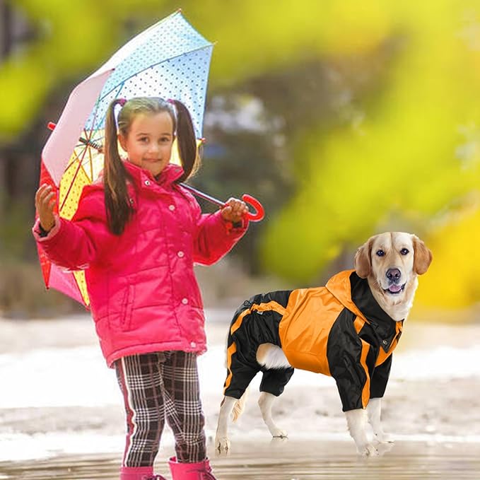 Dog Raincoat, Waterproof Dog Rain Coats for Large Dogs, Lightweight Rain Jacket, Adjustable 4 Legs Pet Poncho with Hood, Snow-Proof Dog Vest Rainwear, Rain Clothes Apparel with Leash Hole