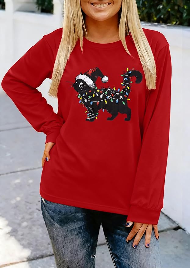 JINTING Cat Shirts for Women - Loose Fit Lightweight Long Sleeve Graphic Tee Fall Printed Crewneck Blouse Casual Tops