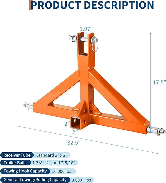 Garvee 3 Point 2" Receiver Trailer Hitch Heavy Duty Drawbar Adapter Cat 1 Tractor Tow Compatible,10,000Lb Tractor 3 Point Hitch Receiver,Towing Ball Mount, Tractors Standard Category 1