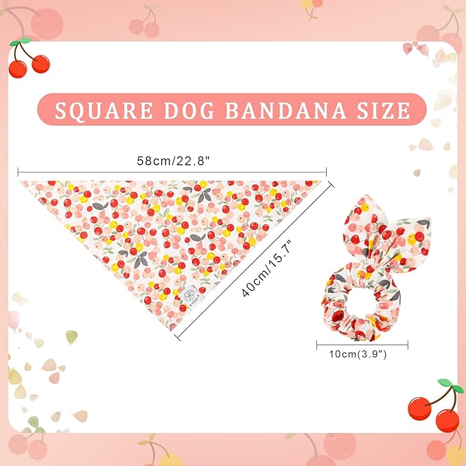 E-Clover Pink Floral Dog Bandanas & Matching Scrunchie Set Cute Dog Scarf Bibs Pet Bandana with Bow Tie for Medium Large Dogs Owner Mom Spring Summer