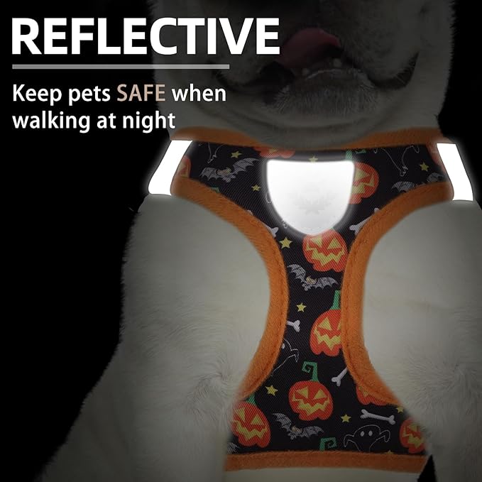 PUPTECK Adjustable Dog Harness Collar and Leash Set Step in No Pull Pet Harness for Small Medium Dogs Puppy and Cats Outdoor Walking Running, Soft Mesh Padded Reflective Vest Harnesses, Halloween, S
