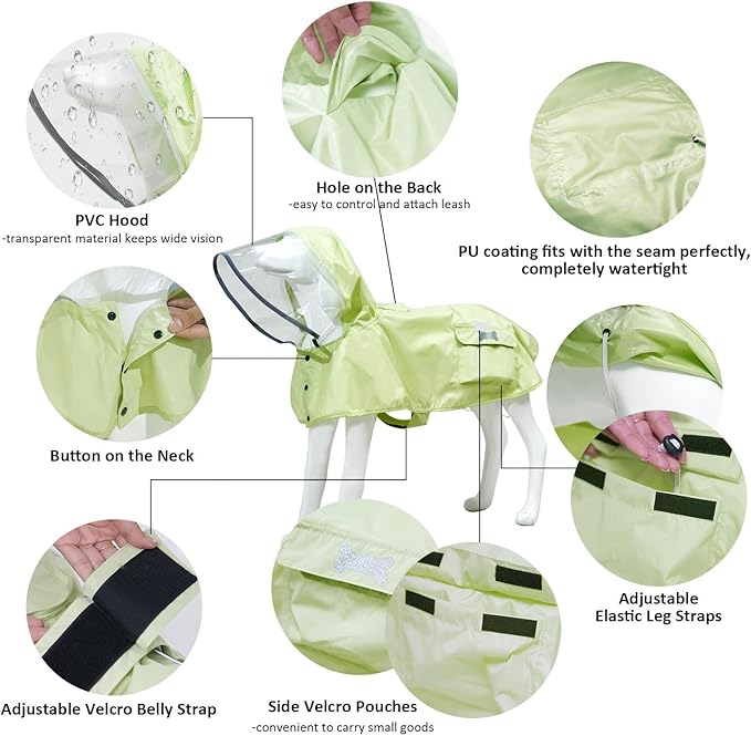 Waterproof Dog Raincoat, Adjustable Reflective Lightweight Pet Rain Clothes with Poncho Hood(Small,Light Green)