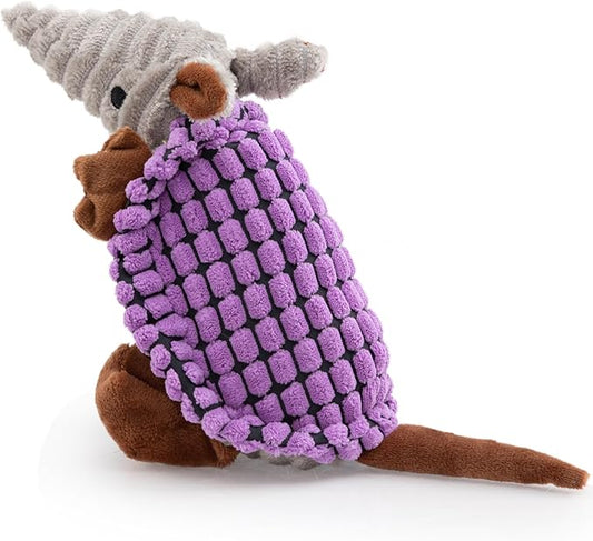 Hollypet Plush Dog Squeaky Toy Stuffed Armadillo Animal Pet Puppy Chew Toys with Clean Teeth for Small Medium Large All Breed Sizes Dogs, Purple, 8 in
