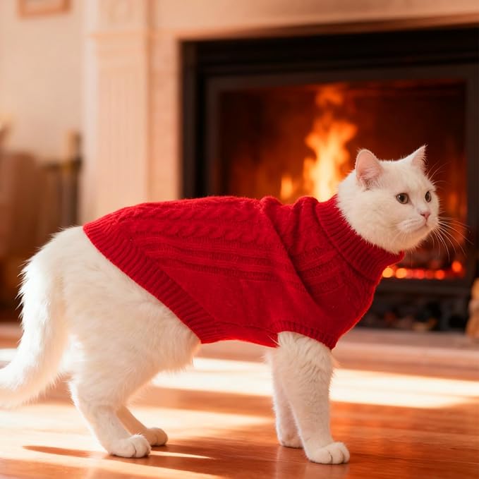 BINGPET Cat Sweater,Thermal Knitted Kitten Clothes Winter Coat,Classic Knit Turtleneck Cat Sweaters for Cats Only,Warm Pet Clothes for Kittens & Small Dogs Puppy Boy Girl Indoor Outdoor(Red,L)