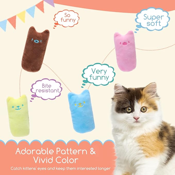 Nobleza Kitten Toys for Indoor Cats, 4 Pack Catnip Cat Teething Chew Toys with Crinkle Paper, Soft Plush Interactive Toy Funny Cute Birthday Gift for Kitty Kicking & Playing, Brown/Blue/Pink/Yellow