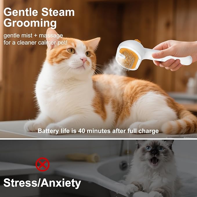 Pet Steam Brush for Dog & Cat - 3-in-1 Pet comb leave-in serum for Shedding & Hair Removal - Self Cleaning Spray Comb with Mist for Long Haired Pets - Includes 1*Waterless Shampoo, Yellow