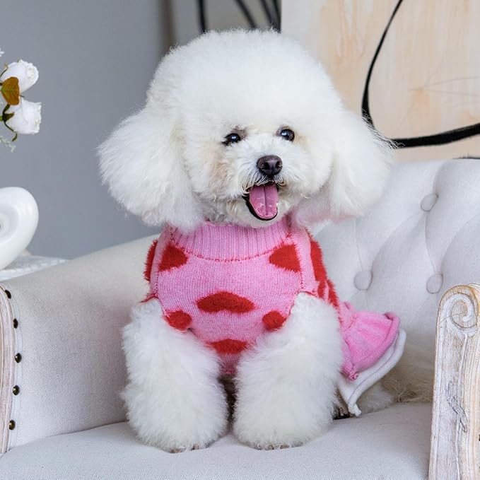 CuteBone Fancy Pink Dog Sweater Dress, Soft and Stretchy Dog Clothes for Medium Large Dogs Girl, Pink Heart Puppy Sweater Pullover Ruffle Dress Pet Outfit Cat Apparel