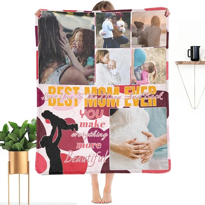 Custom Blanket with Photo for Mom, Personalized Pictures Blankets for Mother's Day, Customized Throws for Best Mom Ever Family Mother Gifts for Women Souvenirs Birthday, 6 Photo Collage