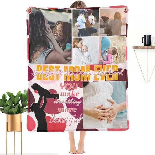 Custom Blanket with Photo for Mom, Personalized Pictures Blankets for Mother's Day, Customized Throws for Best Mom Ever Family Mother Gifts for Women Souvenirs Birthday, 6 Photo Collage