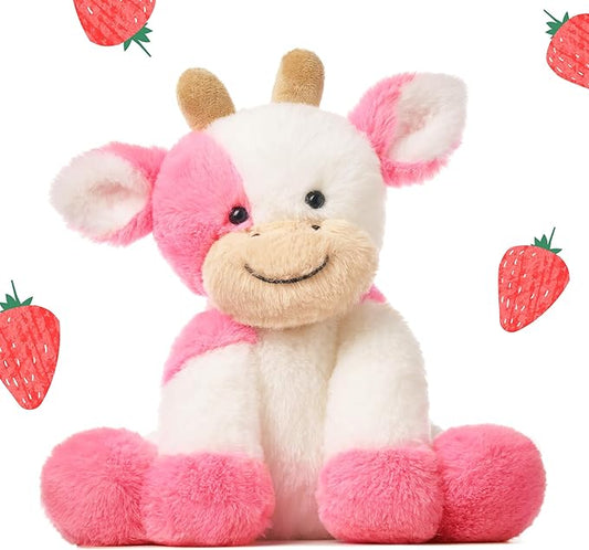 Hopearl Adorable Plush Cow Toy Floppy Dairy Cattle Soft Stuffed Animal Cute Birthday Gifts for Boys Girls Kids Toddlers, Strawberry Pink, 9''