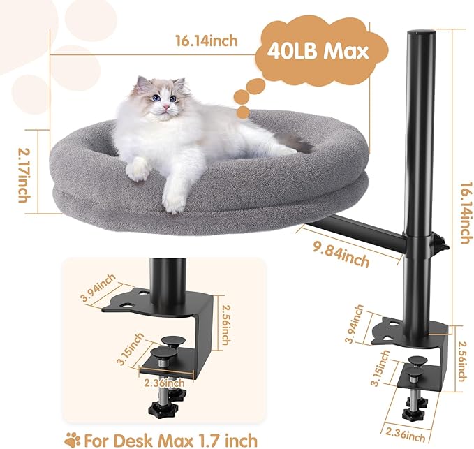 Cat Desk Bed Desktop Large Nest-Sturdy Dual Clamps Supports Up to 50 lbs,360° Adjustable Desktop Cat Perch with Soft Faux Fur Cover,Elevating Hammock for Home Office