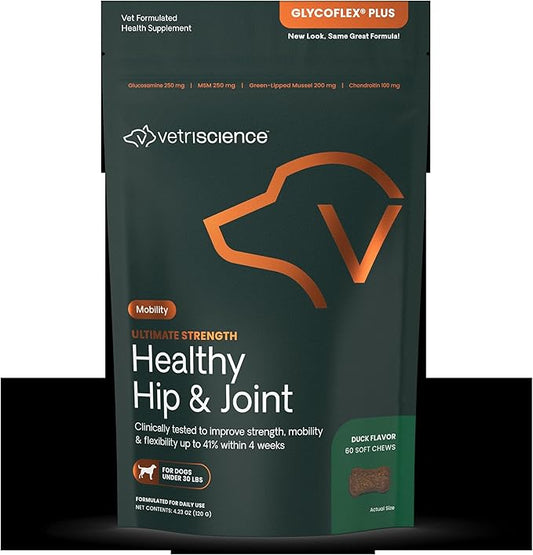 VetriScience Ultimate Strength Hip & Joint Supplement for Dogs, GlycoFlex Plus – MSM, Chondroitin & Green-Lipped Mussel Chews for Mobility, Flexibility, Comfort & Support, Duck Flavor, 60 Cnt