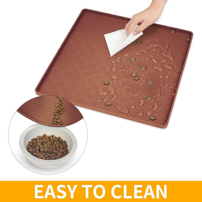 Ptlom Pet Placemat for Dog and Cat, Waterproof Silicone Pet Feeding Bowl Mats for Food and Water, Small Medium Large Dogs Mat Prevent Residues from Spilling to Floor, Brown, 11.8"x11.8"