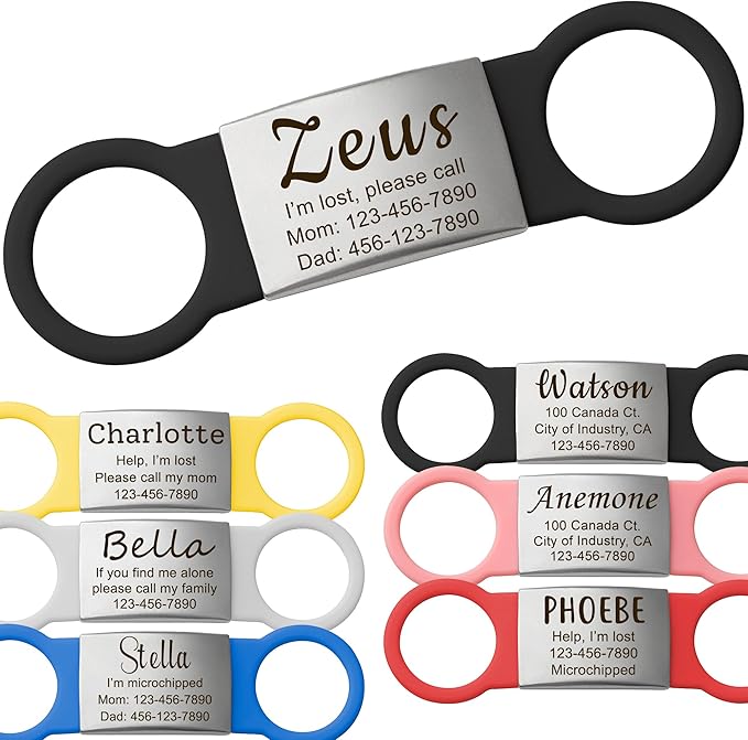 Anavia Slide On Silent Pet ID Tags, S/M/L/XL Personalized Multi-Color Silicone Band Cat Dog Name Tags, Customized Engraved Stainless Steel, Chew-Proof Quiet Dog Collar Tags (Medium, Black)