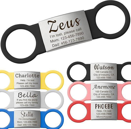 Anavia Slide On Silent Pet ID Tags, S/M/L/XL Personalized Multi-Color Silicone Band Cat Dog Name Tags, Customized Engraved Stainless Steel, Chew-Proof Quiet Dog Collar Tags (Medium, Black)