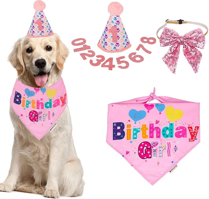 ADOGGYGO Dog Birthday Party Supplies, Pink Girl Puppy Birthday Bandana Hat Numbers Bow Set for Large and Extra Large Dogs (X-Large)