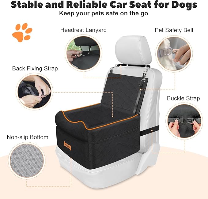 Small Dog Car Seat, Waterproof Dog Booster Seat with Thick Cushion & Safety Leash, Removable Car Back Seat Bed for 1 Small Dogs Under 25lbs, Pet Car Seat for Travel, Black