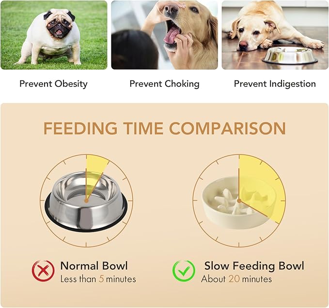 Ceramic 0.9 Cup Dog Bowl Slow Feeder, 6.1inch Slow Pet Food Dish for Small Dog and Cat, Stop Bloat, Preventing Choking(Single Bowl, Beige)