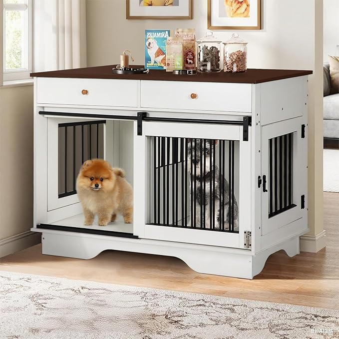 Dog Crate Furniture for 2 Dogs, Dog Kennel with 2 Storage Drawers & Divider, Large Double Dog Cage As TV Stand, Furniture Style Dog Crates with Sliding Barn Door (Brown & White)