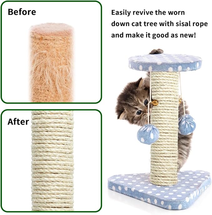 White Sisal Rope 1/4 Inch by 49-Feet for Cat Scratching Post Tree Tower Replacement Repair and Replace, DIY Hemp Twine Rope for Kittens Shelves Furniture Window Perch Hammock Climbing, 6mm by 15m
