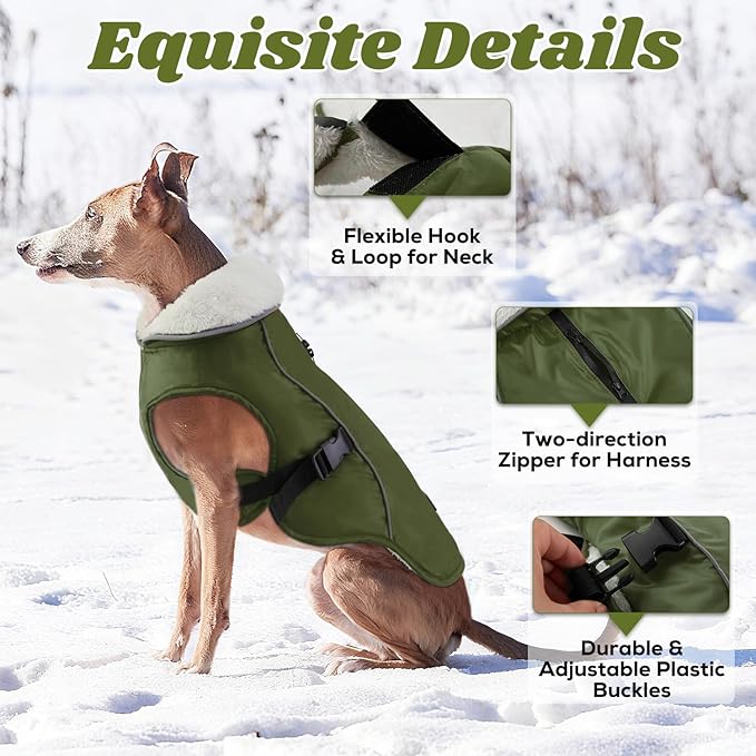 EMUST Dog Coat for Winter, Cozy Winter Jackets for Small/Medium/Large Dogs, Solid Color Dog Apparel for Cold Weather with Fleece Lining, Green, XXXL