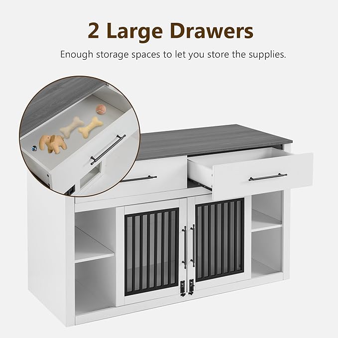 Lovupet Wooden Dog Crate Furniture, Pet House End Table with Large Drawers, Pet Crate for Small/Medium Dogs 1858 (White and Grey)