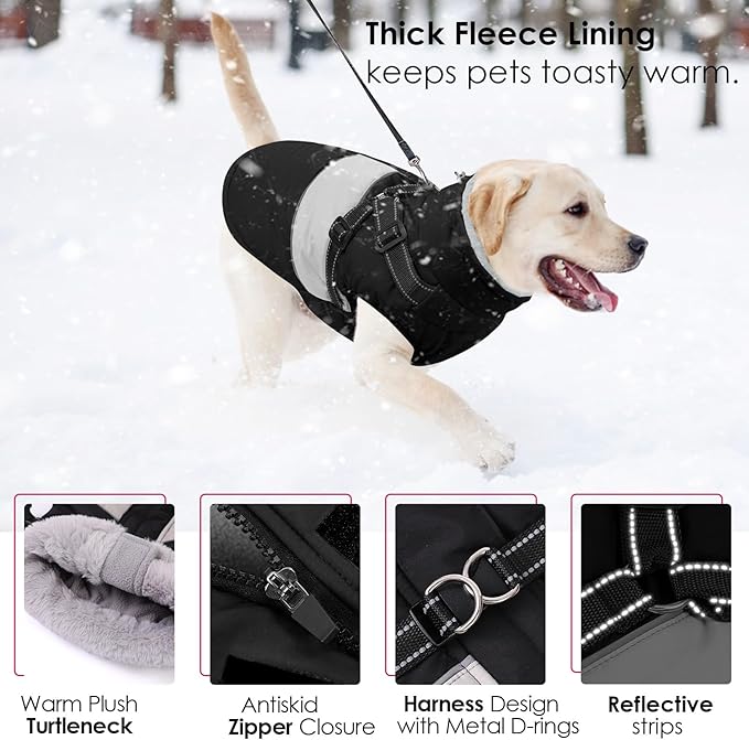 AOFITEE Dog Coat, Waterproof Dog Jacket Winter, Dogs Coat with Harness Built in, Warm Dogs Puffer Jacket with Zipper, Reflective Pet Snowsuit Sweater for Dachshund, French Bulldog, Boston Terrier, M
