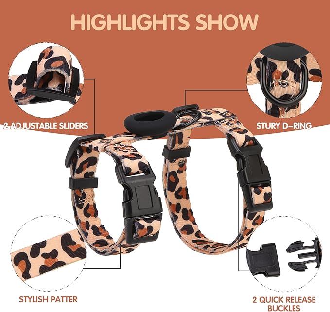BINGPET Cat Harness and Leash Set Escape Proof for Walking,Adjustable Kitten Harness with Airtag Holder for Small Medium Large Cats (Classic Leopard Print,Neck:8"-12",Chest:12.5"-18")