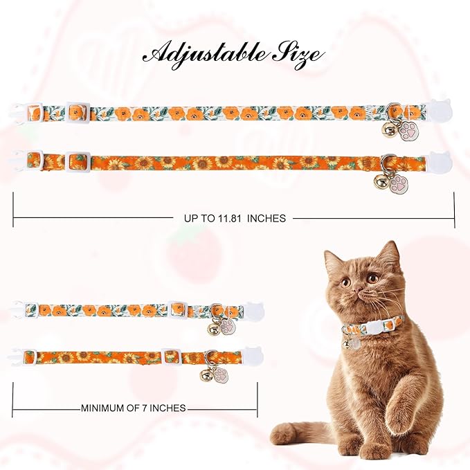 Unique Style Paws Fall Kitten Collar,2 Pack Orange Cat Collar with Sunflower Pattern,Breakaway Cat Collar with Bell,Cute Paw Pendant,Ideal Gift for Boy Girl Cats,Pet Supplies Accessories