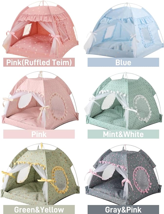 Cat Bed Tents Dog House Indoor Outdoor Lace Mesh Breathable Windows Door Curtains Removable Portable Nest Teepe House (Medium,Mint&White)