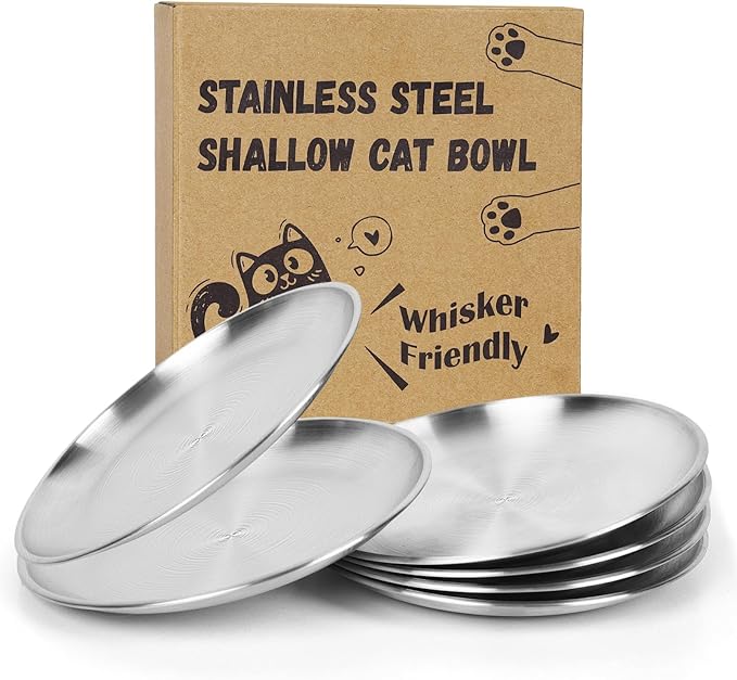 6-Pack Stainless Steel Cat Food Bowls – Shallow Whisker-Friendly Non-Slip Silicone Base,Easy to Clean Indoor Feeding Dishes(6.7")