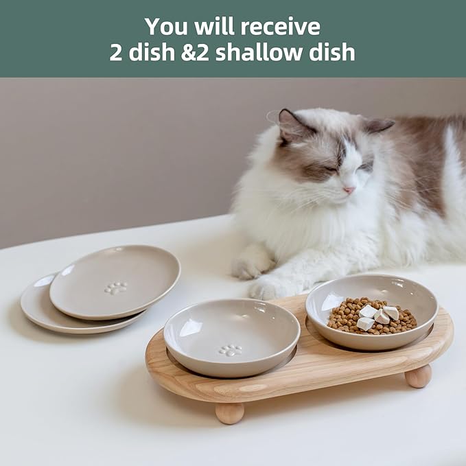 Raised Ceramic Wide Whisker Friendly Cat Dishes, Food& Water Bowl with 2 Style Stand Adjustable Pet Bowl Set, Anti Whisker Fatigue(2Dish+2Shallow Dish+Stand