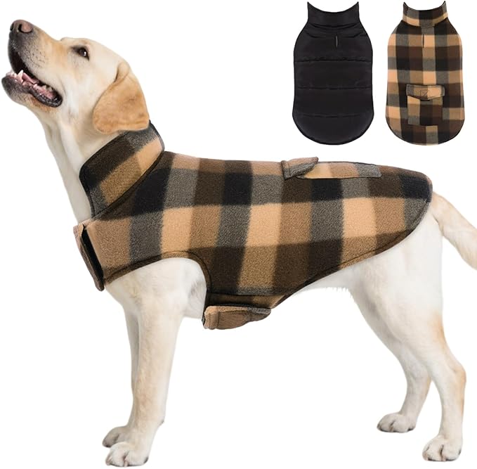 ASENKU Dog Winter Jacket Plaid Reversible Vest, Waterproof Dog Coat for Cold Weather, Perfect for Small to Large Dogs (Coffee, 3XL)