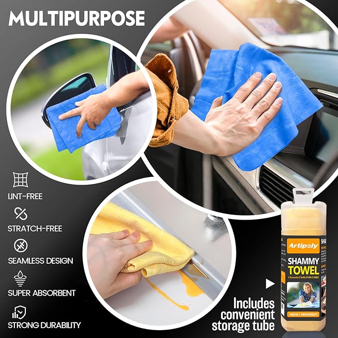 Premium Shammy Towel for Car Drying 2pk (26”x17”)-Super Absorbent Chamois Towel-Reusable shamies Towels for Cars, Bathroom,Pets, Dust Remove, No Spots/Streak/Scratch, Large, Yellow&Blue