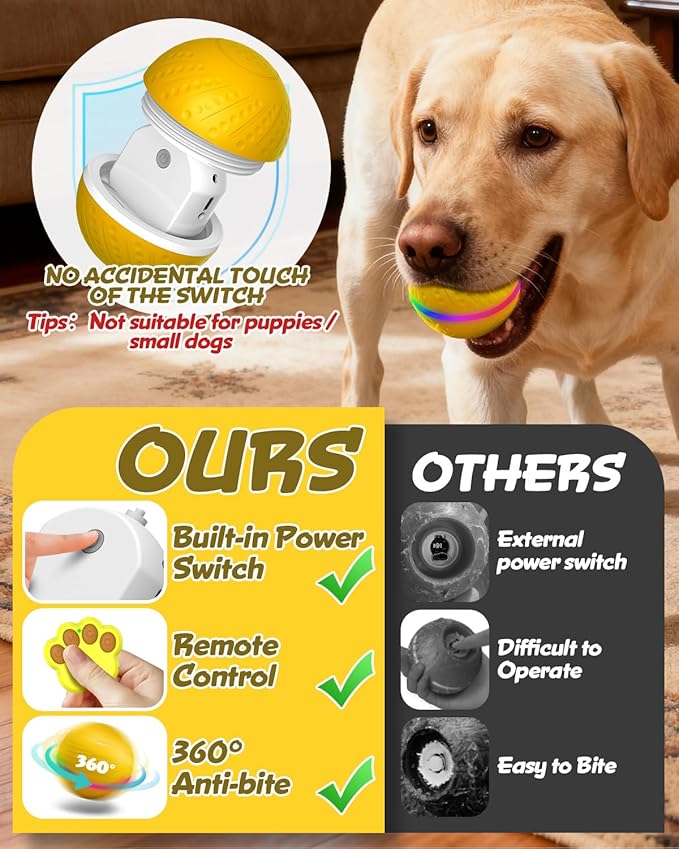 Interactive Dog Toys Ball, 2025 Upgraded 360° Anti-chew Safe Material Remote Control Dog Toy, Durable Motion Activated Automatic Rolling Dogs Balls for Medium/Large Dogs, USB Rechargeable