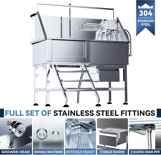 46" Dog Washing Station, Professional Stainless Steel Dog Bathtub w/Ramp & Storage Drawer, Adjustable Grate, Non-Slip Design, Perfect for Home Grooming & Large Dogs (46" Left Stair)