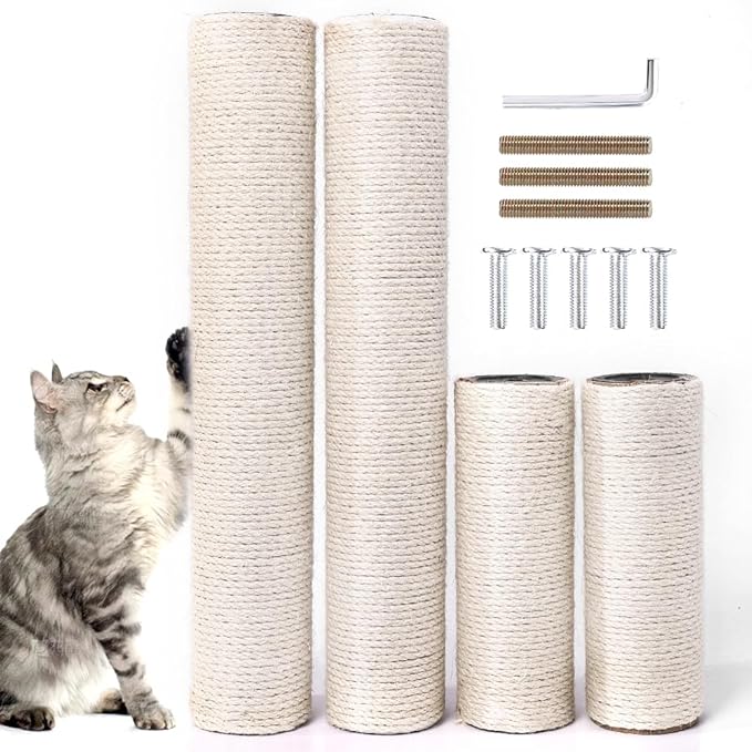 OSPNIEEK 4 PCS M8 Cat Scratching Post Replacement, 15.7“ 7.9" Natural Sisal Rope Kitten Tree Scratcher Refill with Screws, DIY Hemp Scratch Pole Parts for Indoor Cats Tower Refurbishment Accessories