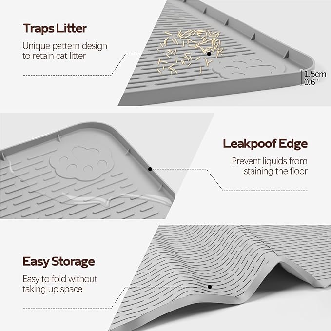 Cat Food Mat, 57" x 40" Extra Large Silicone Pet Feeding Mat with Raised Edge Pet Placemat for Food and Water Bowl Non-Slip, Easy to Clean, Floor Protection (Light Grey)