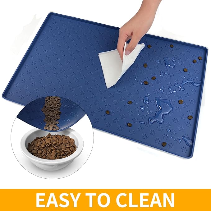 Ptlom Silicone Pet Placemat for Dog and Cat, Waterproof Non-Slip Pet Feeding Bowl Mats for Food and Water, Small Medium Large Tray Mat Prevent Residues from Spilling to Floor, Navy Blue, 18" 12"