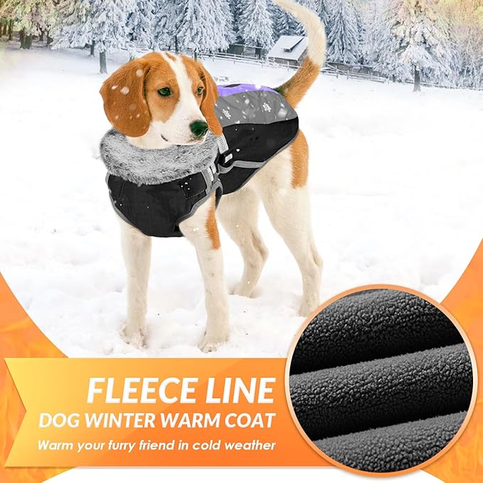 SlowTon Dog Jacket with Harness Built in - Waterproof Fleece Winter Warm Dog Coats for Small Medium Dogs, Reflective Adjustable Furry Puppy Vest Clothes for Outdoor Walking (Purple & Grey, M)