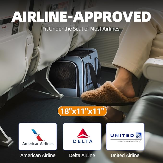 Top Loading Medium Cat Carrier with Privacy Curtain, Delta Approved TSA Pet Travel Crate Suitcase Luggage Sleeve, Soft-Sided Dog Kennel Bag 18x11x11 United Airline Approved Under Seat Blue