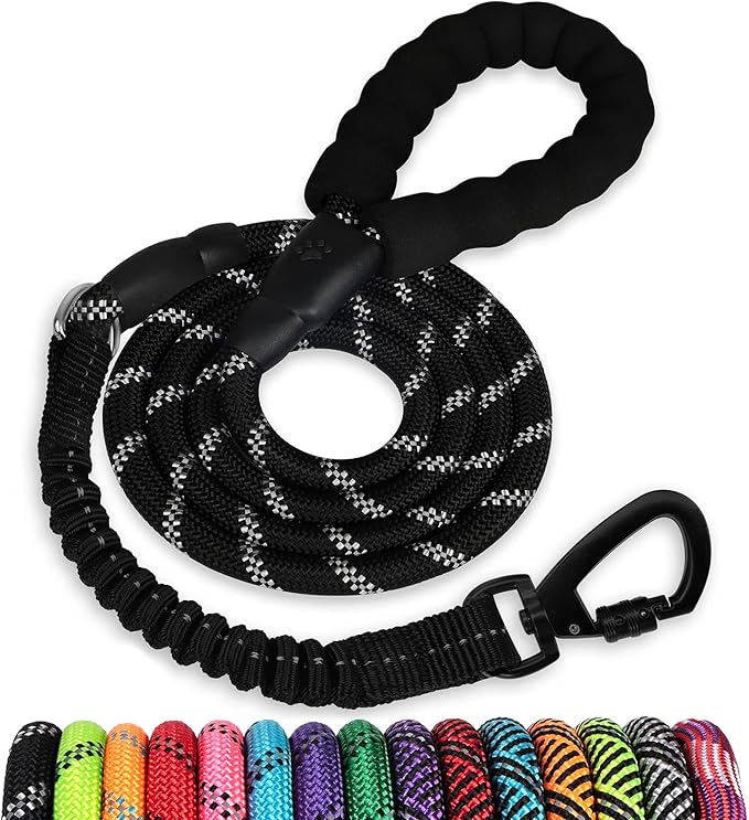 Rope Dog Leash 6 FT: Heavy Duty Leashes with Swivel Lockable Hook Reflective Threads Bungee and Padded Handle - Dog Lead for Large Small Medium Dogs Outside Walking Hiking Black