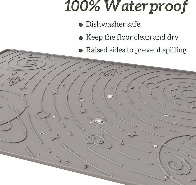 OHMO Dog Food Mat, Silicone Waterproof Cat Food Mat, Non-Skid Spill Proof Pet Feeding Mat for Food and Water, Easy to Clean Dog Placemat(Grey, 18.9" x 11.8")